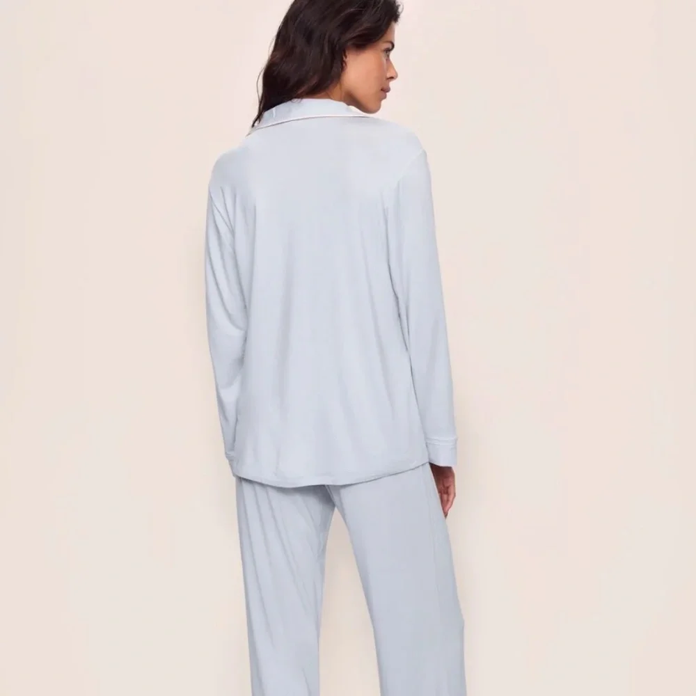 Eberjey Gisele Long PJ Set in Ice Blue & Ivory TENCEL Modal - Picture 2 of 9